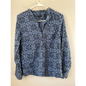 Talbots Women's XS Blue Black Scroll Print Mandarin Collar Blouse Shirt XS Boho
